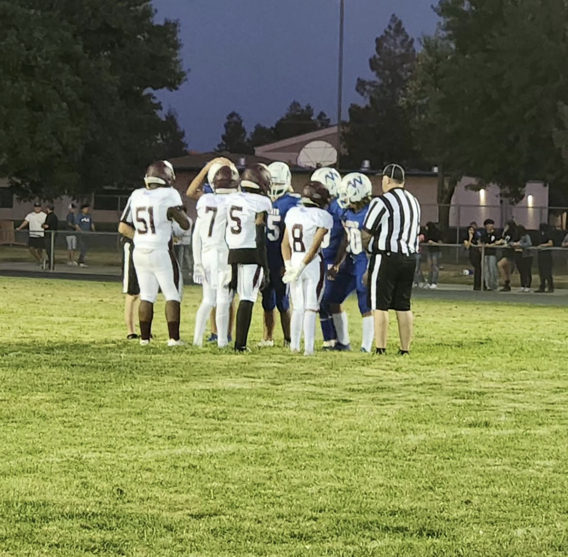 Cougars+and+Waterford+Wildcats+huddle+for+the+pregame+coin-toss.+