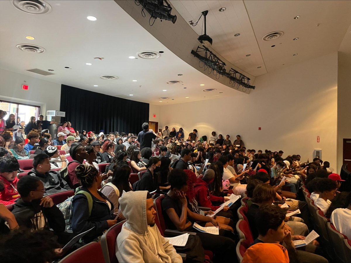 Class of 2024 gathers in the Theater for their first Senior meeting of the year. 